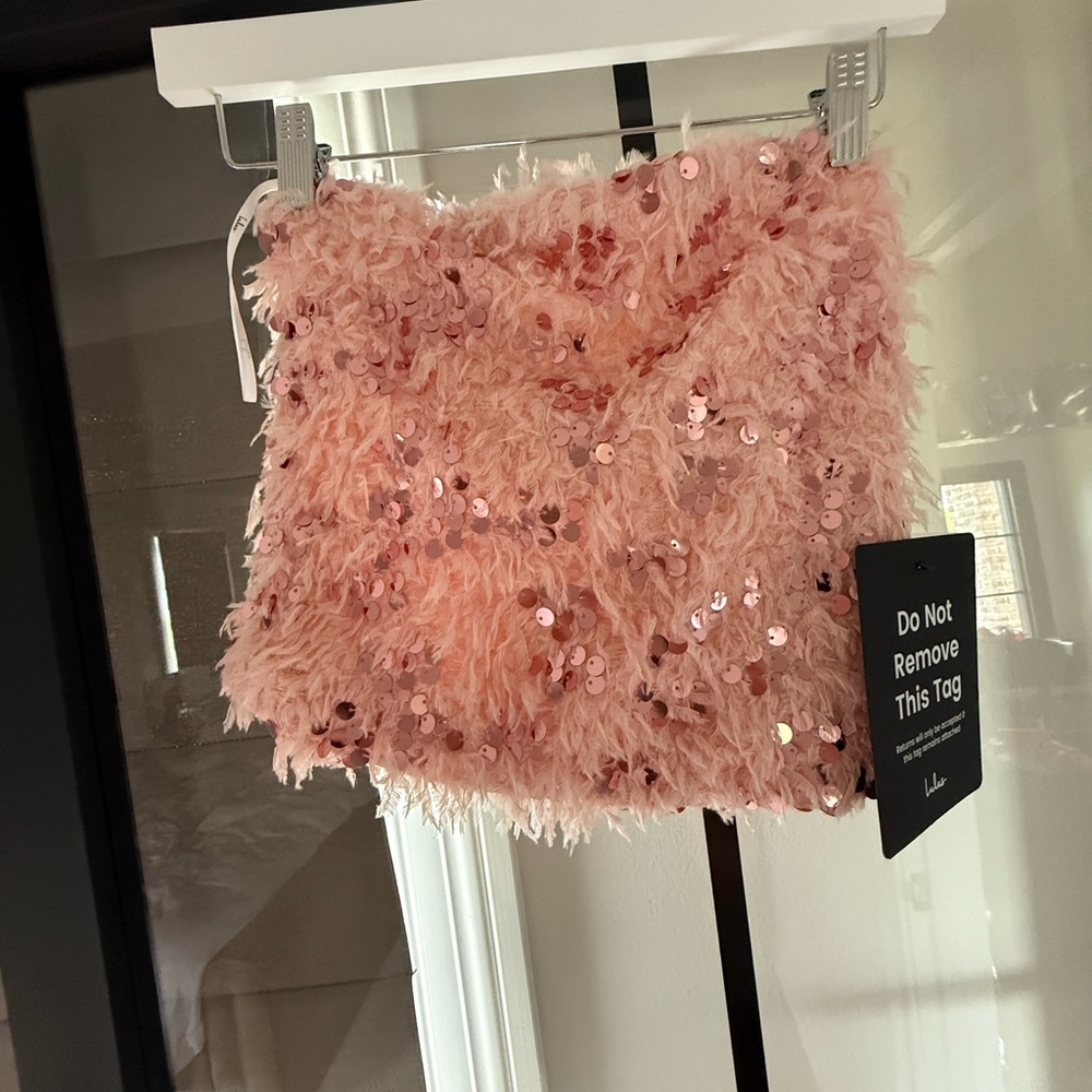 Lulus strapless ostrich feather & sequin top